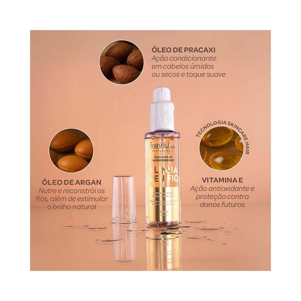 Óleo Capilar Forever Liss Alinha Meu Fio 60ml com ingredientes destacados